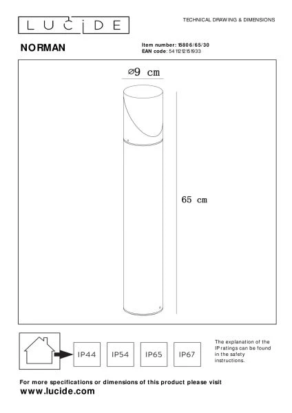 Lucide NORMAN - Borne extérieur - Ø 9 cm - 1xE27 - IP65 - Noir - TECHNISCH